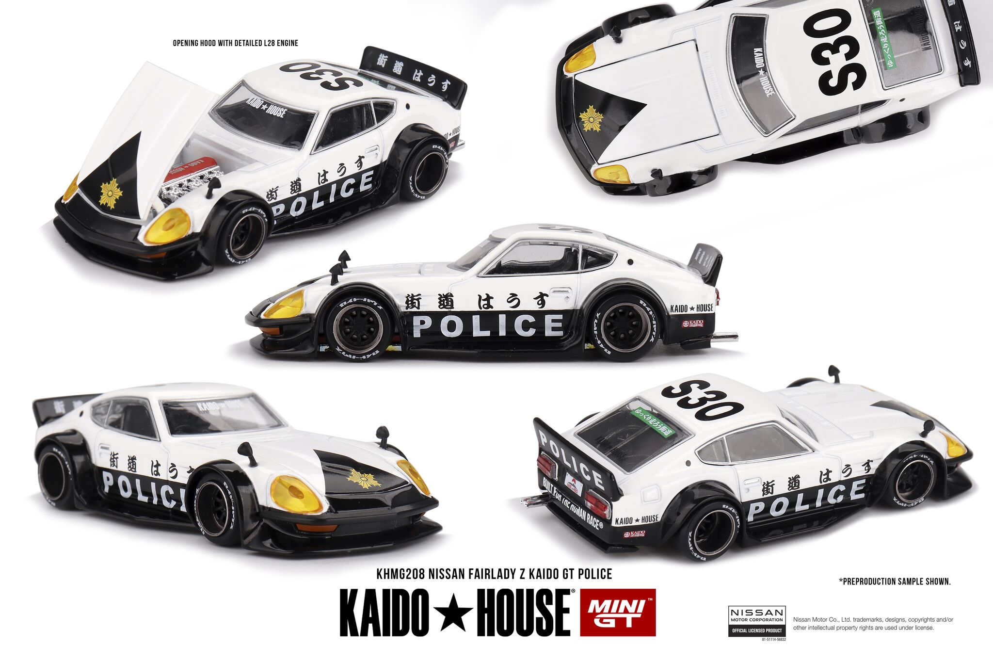 77829_0_f1 Mini GT KHMG208 Kaido House 208 Nissan Fairlady Z Kaido GT Police 1978 - Görsel 1