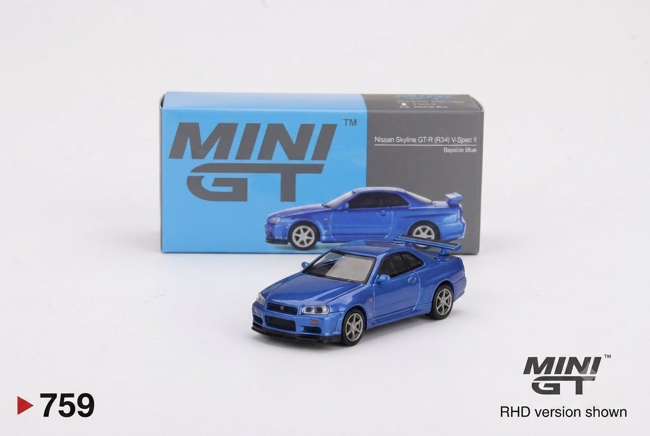 WhatsApp Image 2026-07-15 at 15.09.39 mini gt 1/64 Nissan Skyline GT-R (R34) V-Spec Bayside Blue MGT00759 - - Görsel 1